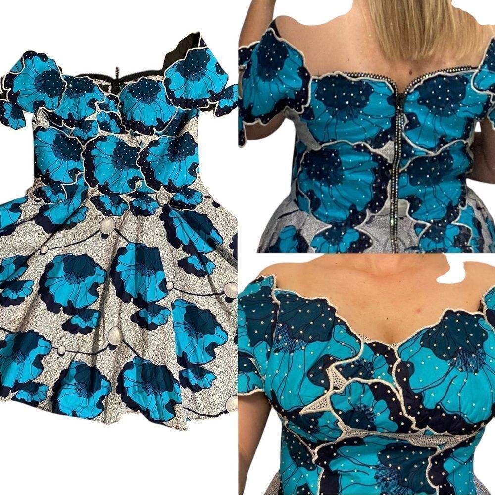Blue floral rhinestone OOAK custom made festival coquette rockabilly pinup dress